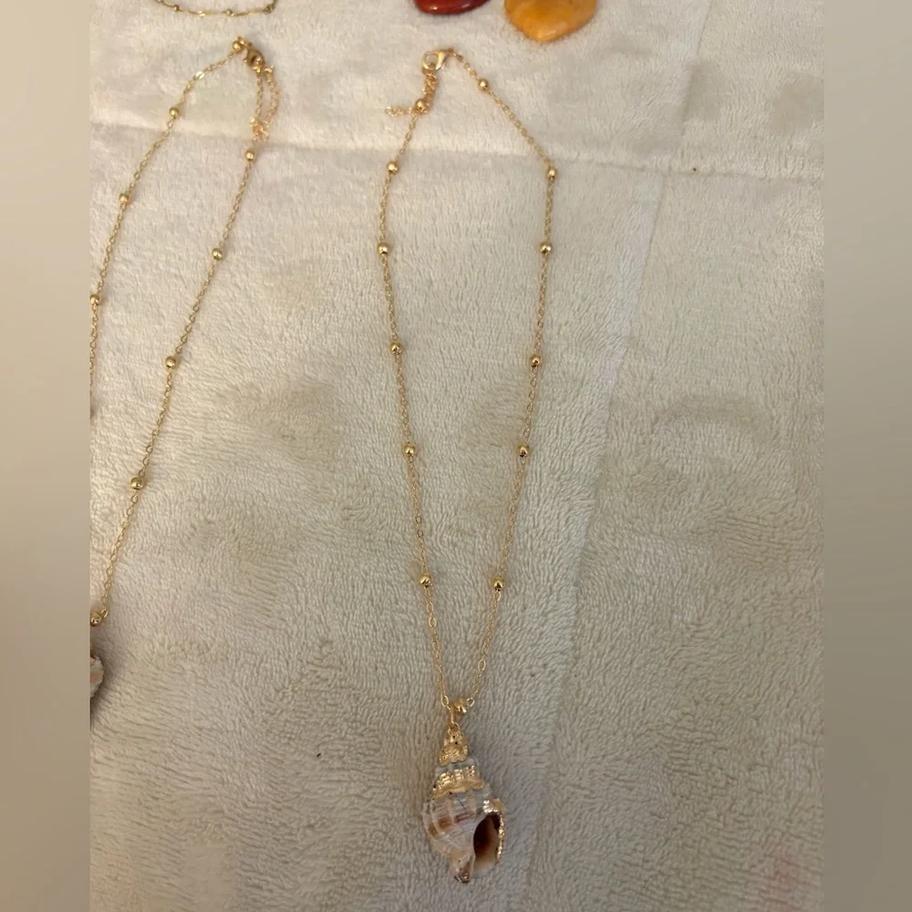 Gold Seashell Necklace | 16-18” Stainless Steel Beaded Chain | Coastal Boho - Picture 3 of 5